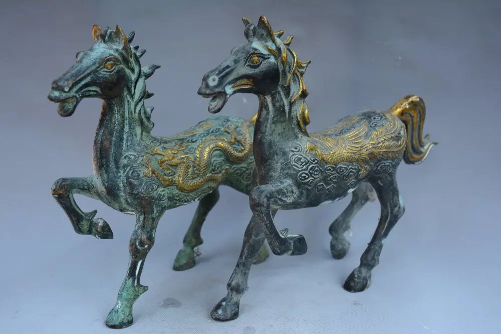 

Редкий Старый династии Цин GILT Бег лошадь, пара, бесплатная доставка
