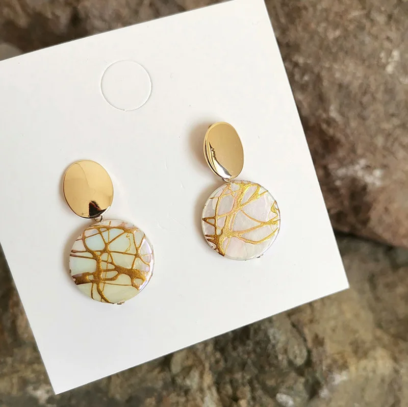 Модные круглые серьги капли из ракушки богемные подвески с эмалью новинка