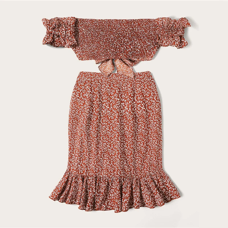 SHEIN Модный летний женский комплект из двух предметов: топ с открытыми плечами и юбка с рюшами