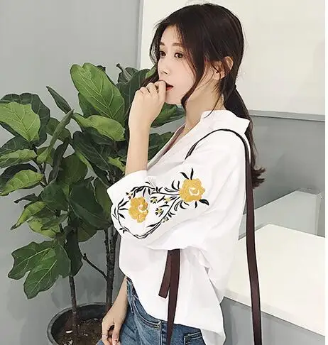 Кэрол Дневники Для женщин фонарь рукав вышитый цветок белая рубашка женская