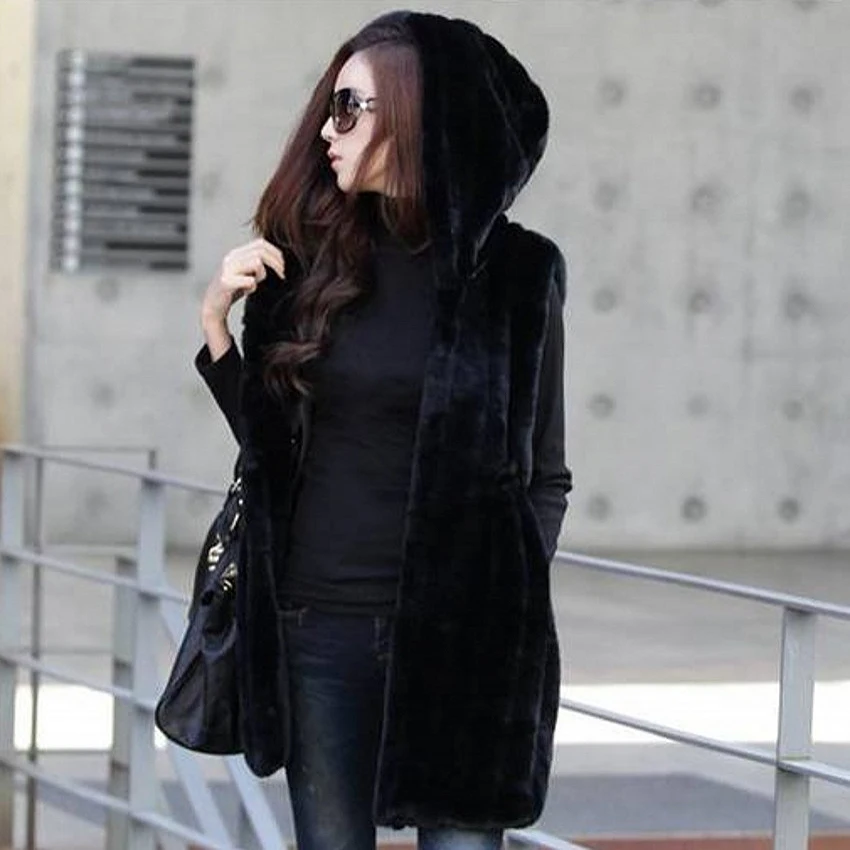 Новый длинный женский жилет с капюшоном утепленная плюшевая зимняя куртка