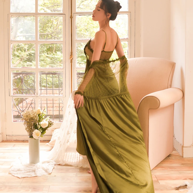 Кружевное ночное белье, длинный халат, платье принцессы, ночная рубашка, элегантное, Европейский стиль, ночное белье, Vestidos, женская одежда для сна, сексуальное, зеленое