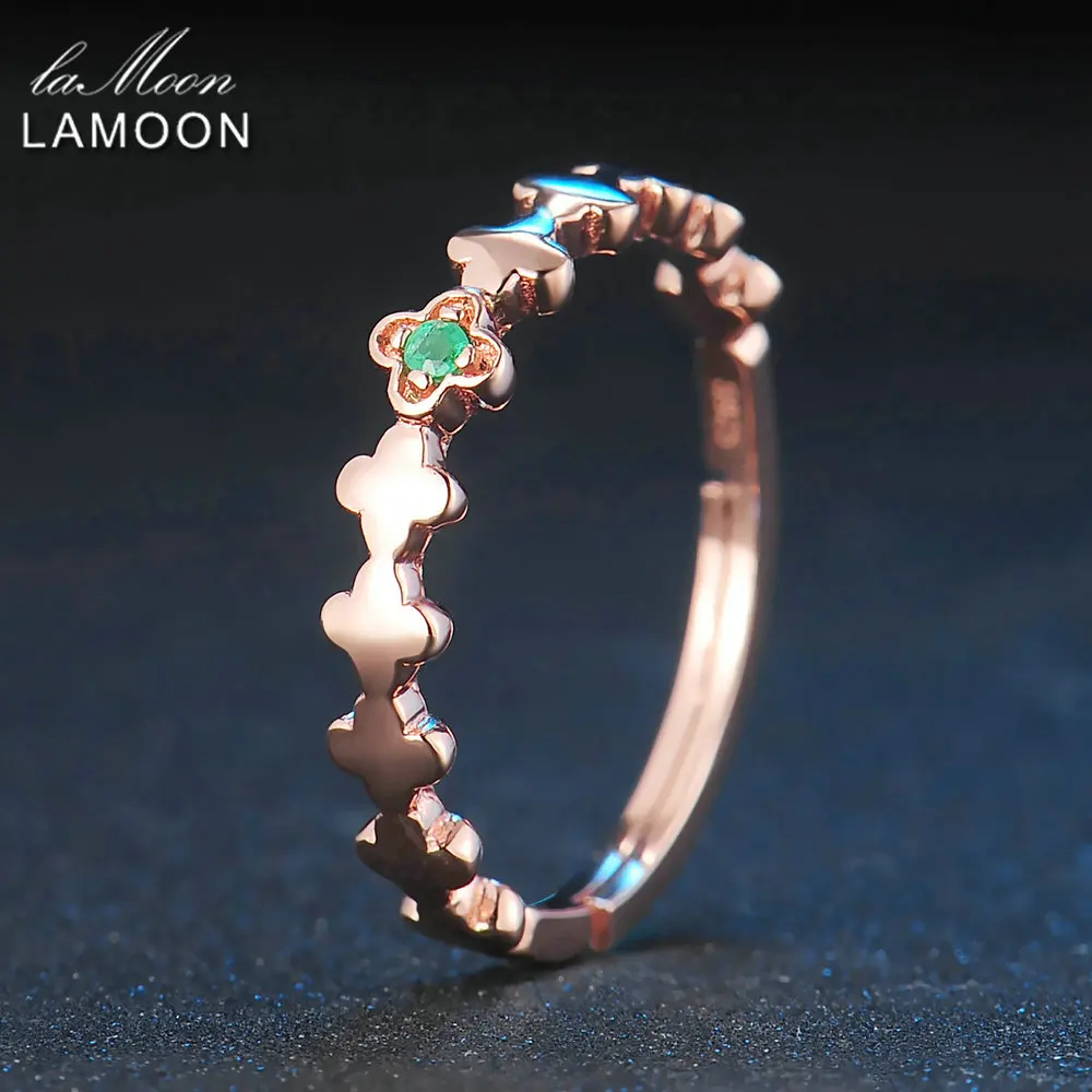 

LAMOON 2017 New Romantic Real Natural Round Green Emerald Clover S925 Rings 925 Sterling Silver Jewellry for Women Girl LMRI058