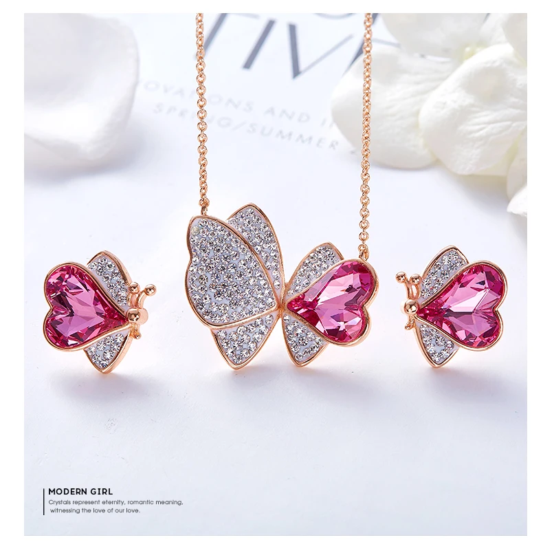 CDE женский ювелирный набор, украшенный кристаллами Swarovski, ожерелье в виде бабочки, серьги, набор из розового золота, ювелирный набор с цепочкой