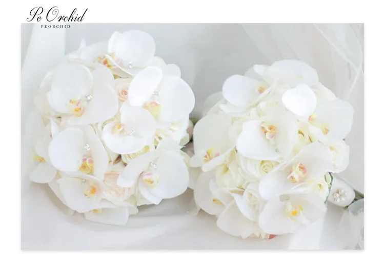PEORCHID Кристалл Свадебный букет De Novia цвета слоновой кости букет невесты Искусственные Шелковые цветы розы Орхидея свадебный букет