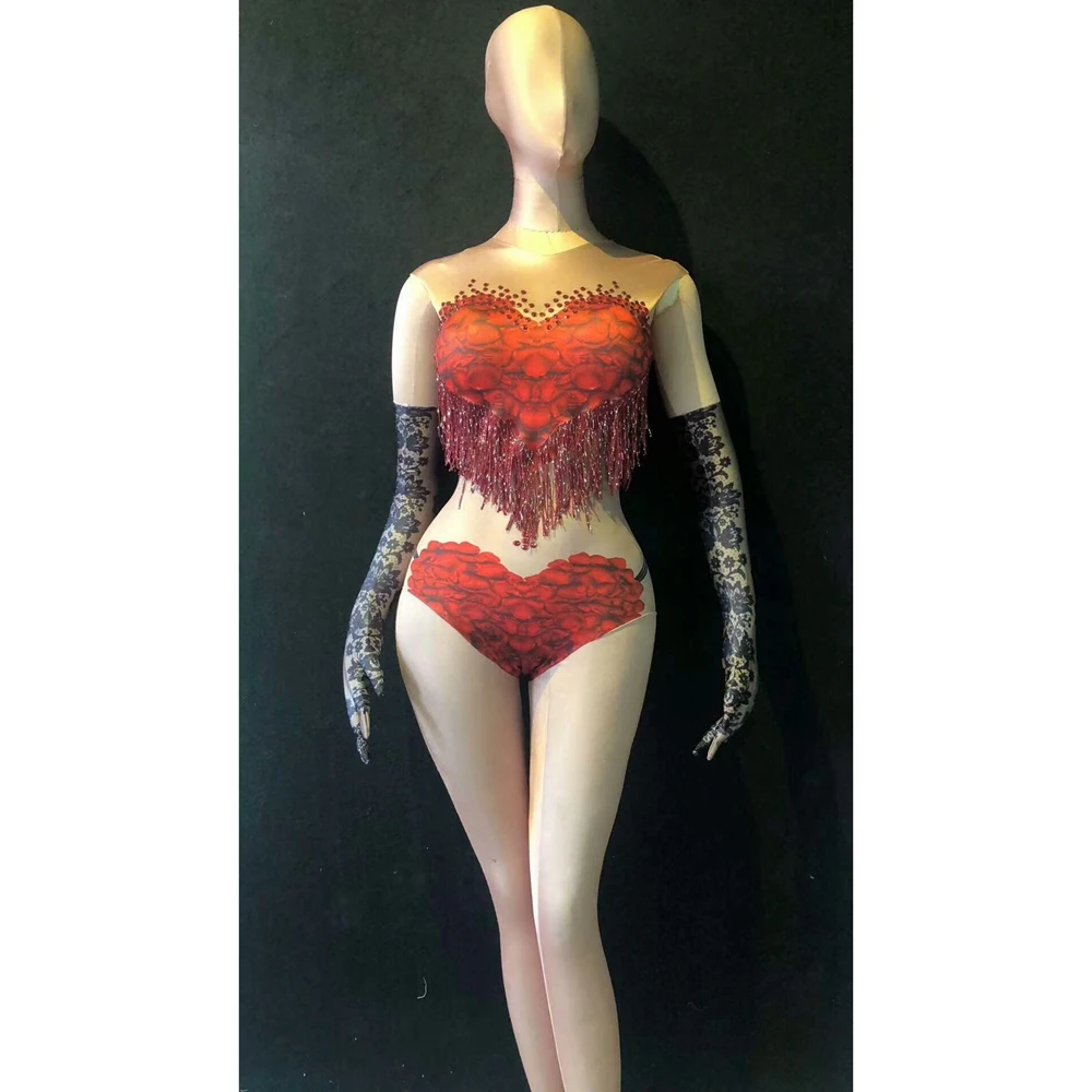 Сексуальный красный облегающий стрейчевый боди со стразами и цветочным принтом