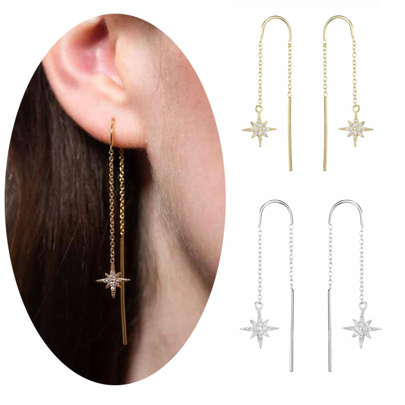 

Slovecabin 925 Sterling Silver Zircon Starburst Threader Drop Earrings For Women Christmas New Design Star Chain Oorbel Jewelry