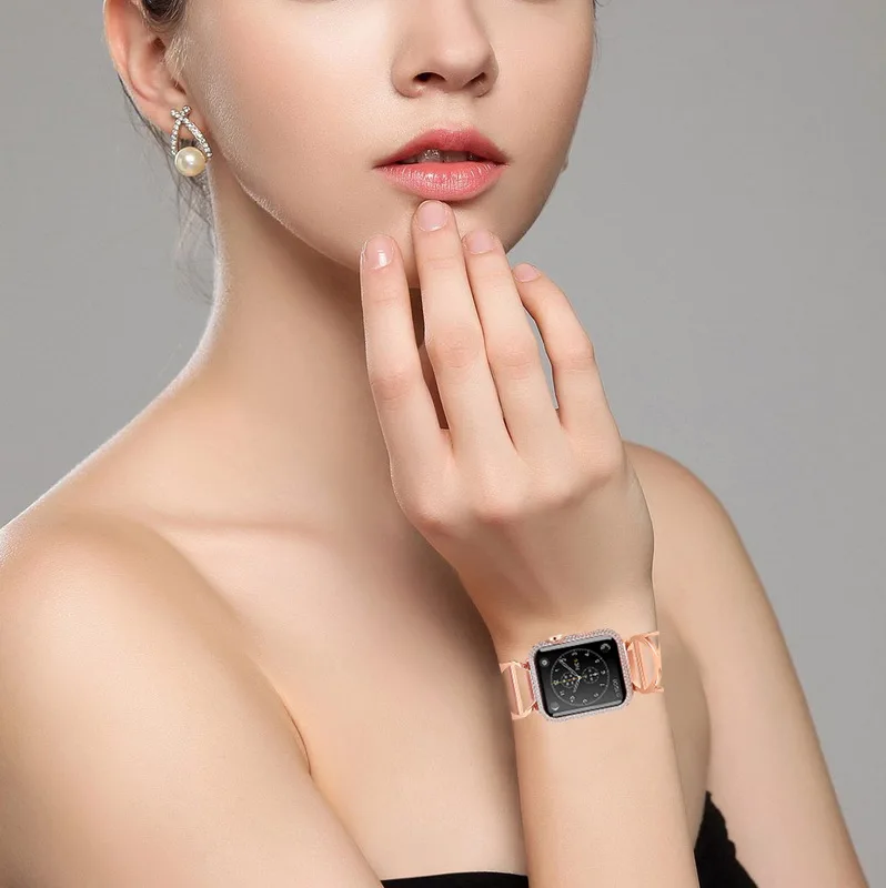Для женщин розово-золотистый ремешок для наручных часов Apple Watch, версии 44/40/42/38 мм Нержавеющая сталь браслет для наручных часов iWatch серии, на возраст 1, 2, 3, 4, ремень