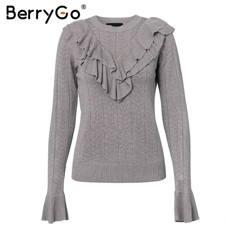 BerryGo элегантный оборками выдалбливают Белый свитер для женщин уличная тонкий