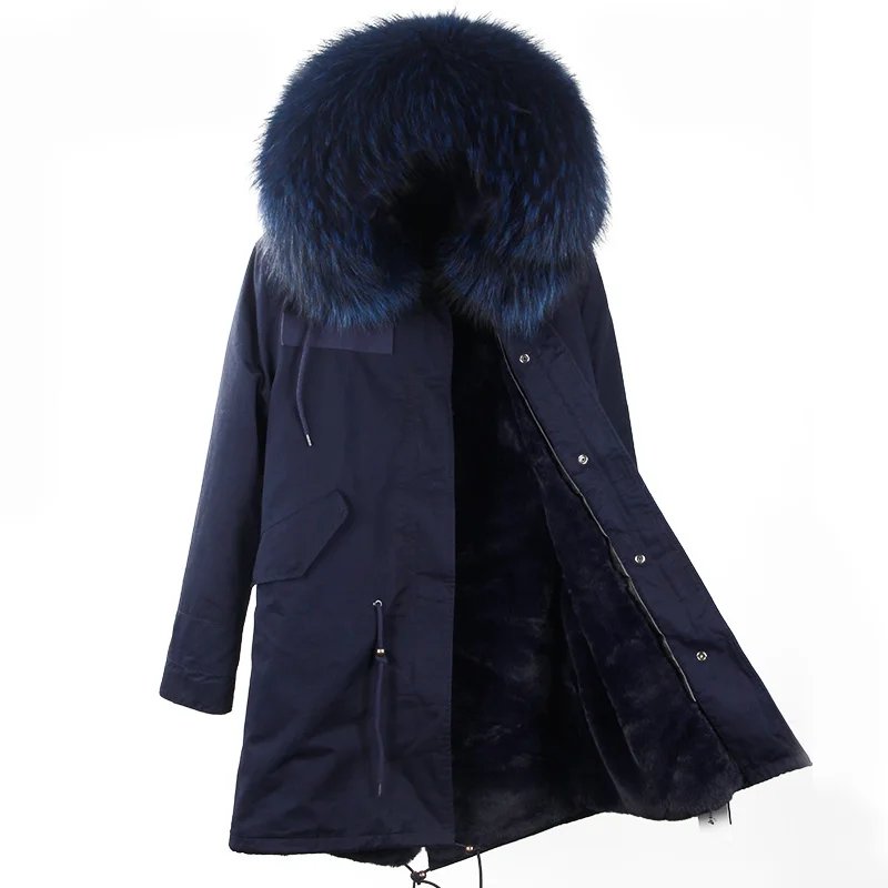 Navy blue blue fur Бренд, женская зимняя куртка, длинная, съемная подкладка, армейский зеленый цвет, парка, большая, натуральный мех енота, пальто с капюшоном, верхняя одежда - Цвет: Navy blue blue fur