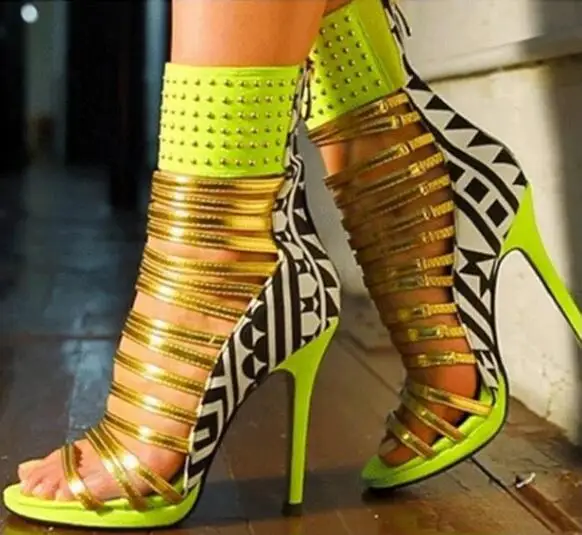 

Mixed Color Strappy Sandal High Heels Peep Toe Cut-out Gold Strap Studded Sandals High Platform Cage Shoes Back Zipper Shoes