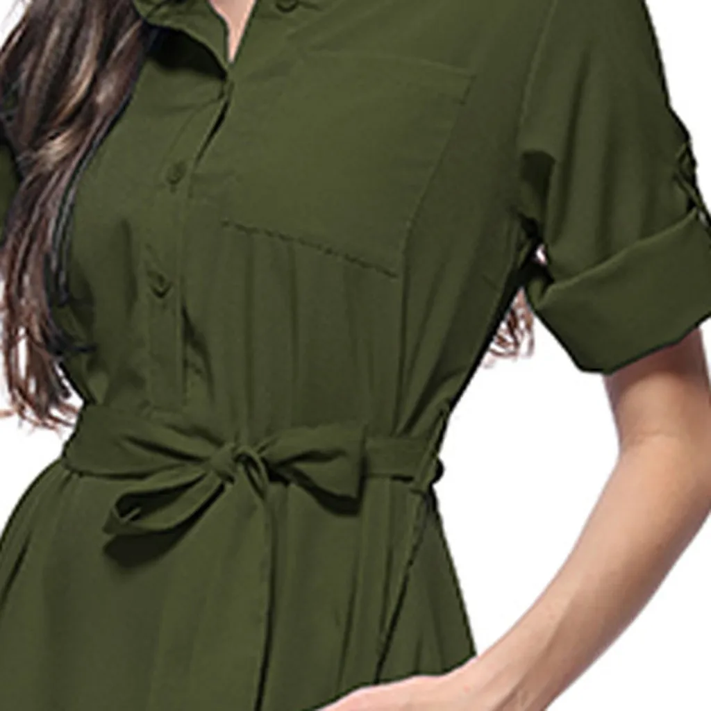 Summer Dress Women Fashion Casual Solid Color Pockets Button Turn-down Collar Three Quarter Sleeve Knee Length Vestidos OY41