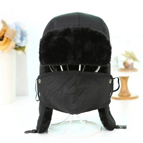 Black Fur Black HT540 черные теплые зимние шапки для мужчин, однотонные русские шапки-бомберы с маской, толстые зимние шапки для мужчин, флисовые русские меховые шапки - Цвет: Black Fur Black