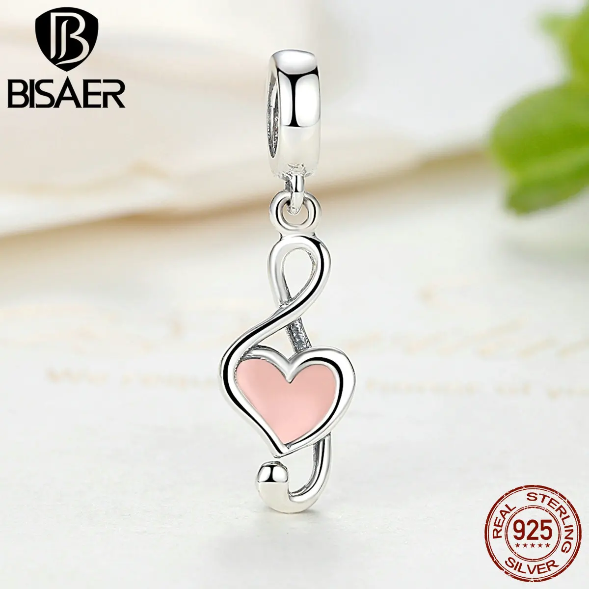 BISAER, 925 пробы, серебряное, розовое сердце, подвеска, подвеска в форме ноты, подходят к оригинальному пану, браслеты, женская мода, сделай сам, ювелирное изделие, HSC110