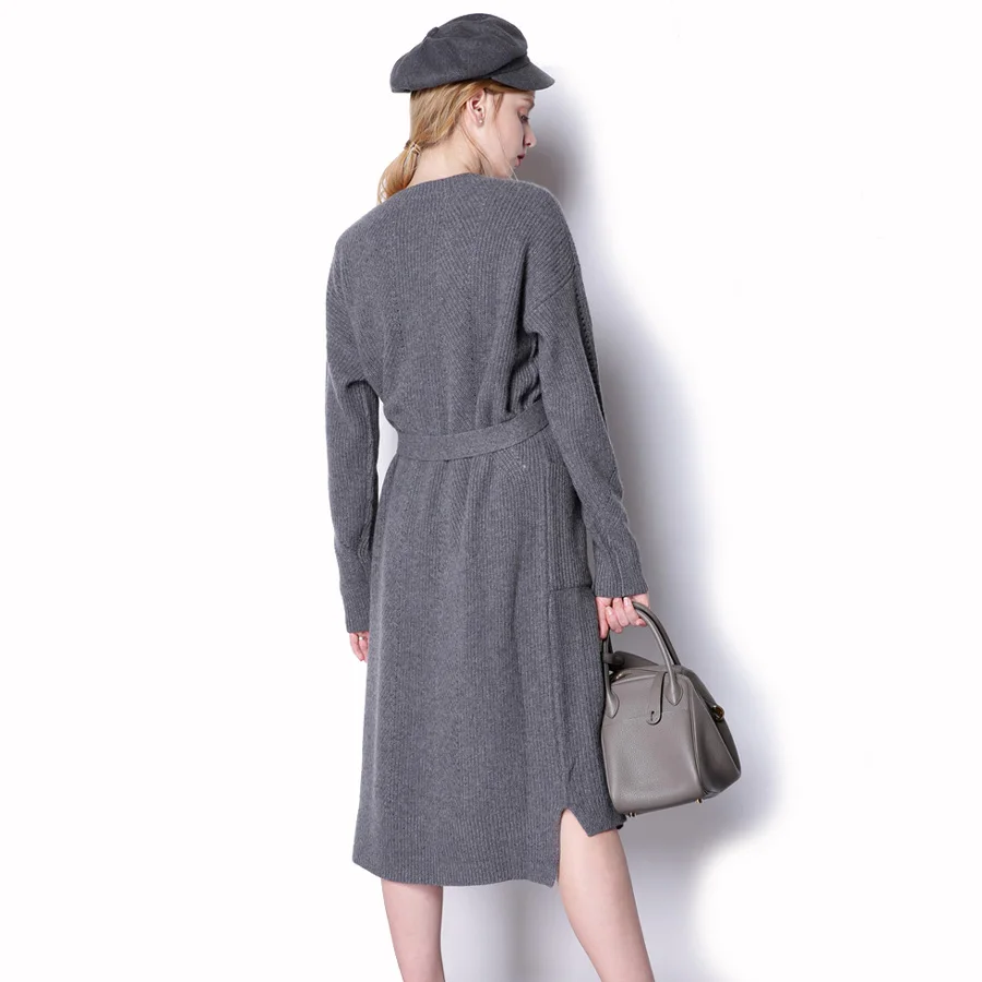 Женское кашемировое платье свитер до колен с поясом|dress vestidos|sweater dressstyle dress |
