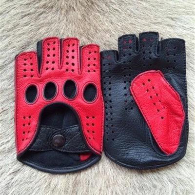 black red Новое поступление, роскошные мужские перчатки из натуральной кожи с полупальцами, мужские перчатки без подкладки для вождения, перчатки из козьей кожи без пальцев для мужчин - Цвет: black red