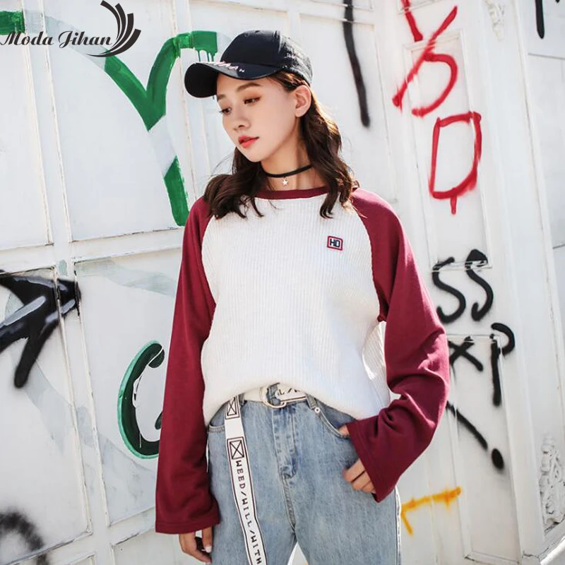 Moda Jihan женские пуловеры Ulzzang свитшоты из хлопка оверсайз Лоскутная Толстовка