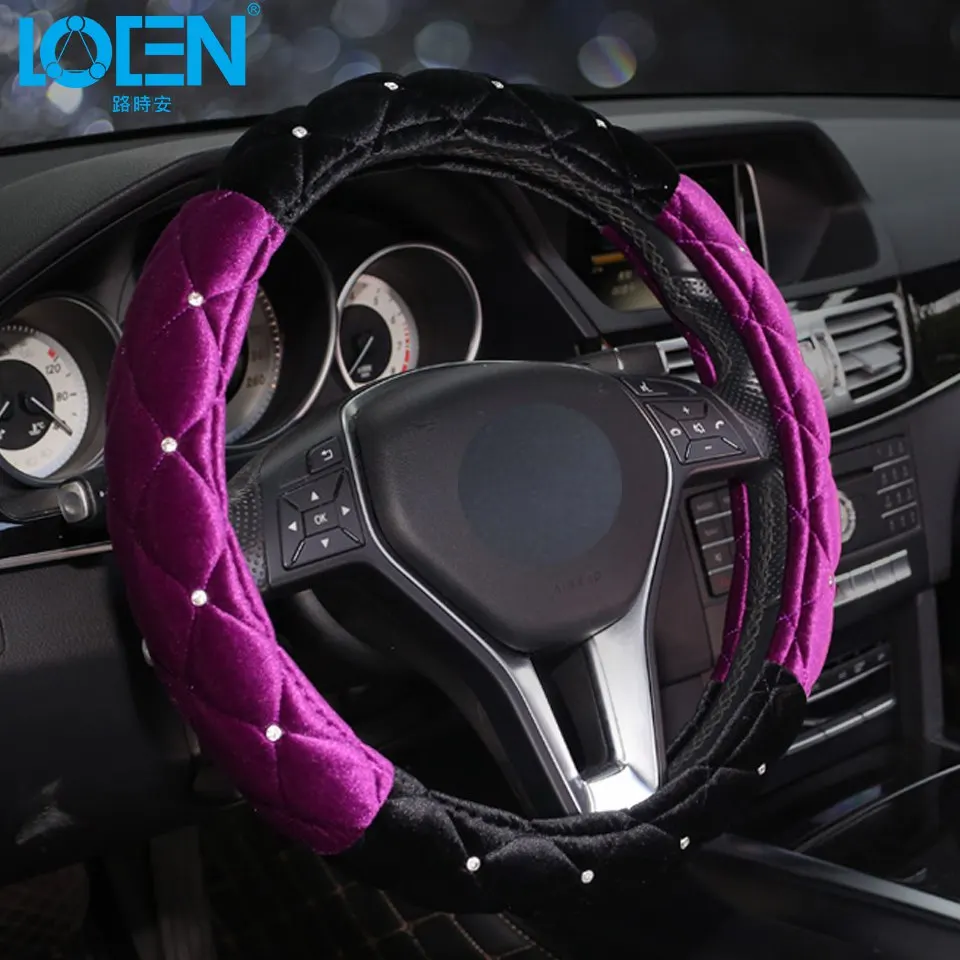 Black Purple LOEN плюшевый зимний автомобильный чехол на руль, стразы со стразами, универсальный чехол на руль, автомобильные принадлежности, Аксессуары для автомобилей - Название цвета: Black Purple