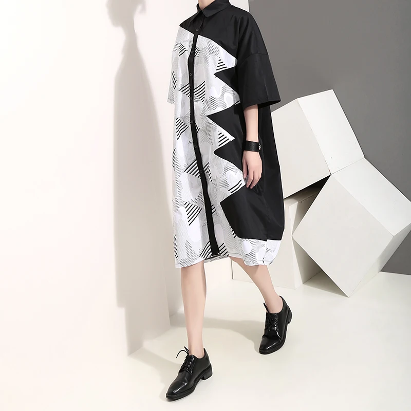 New 2019 Korean Style Women Summer Clothing Plus Size Shirt Dress Geometrical Pattern Printed Female Casual Midi Robe 5113 | Женская