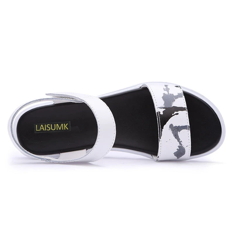 

LAISUMK 2020 Women Sandals Summer Genuine Leather Flat Sandals Ankle Strap Flat Sandals Ladies White Peep Toe Flipflops Shoes