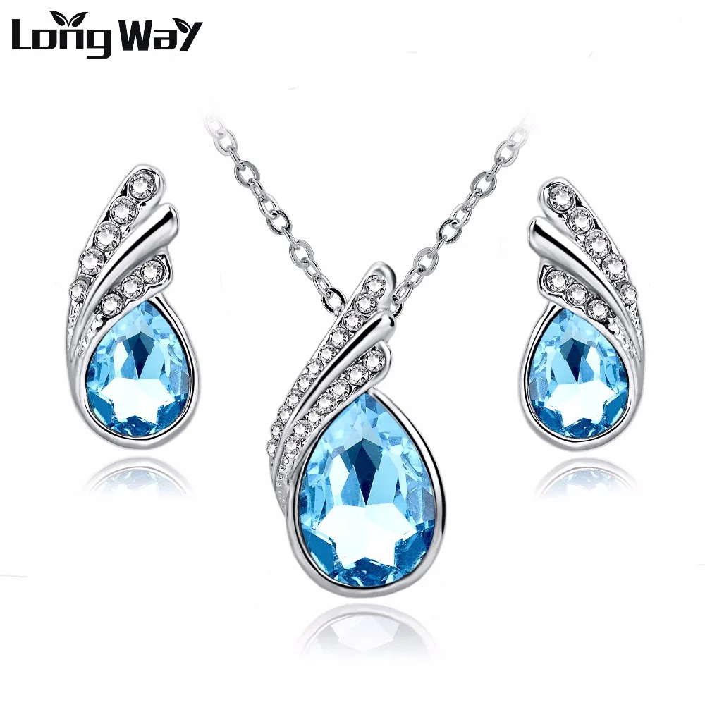 Женский комплект украшений LongWay серебристые Стразы с голубым кристаллом