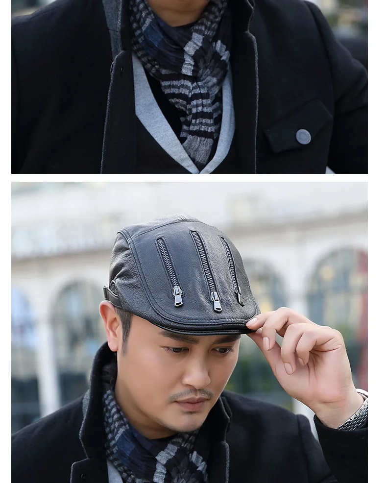 Мужская шапка из овечьей кожи, шапка из натуральной кожи для взрослых, мужская Кожаная шапка для молодых людей среднего возраста, козырьки, шапка, подарок на год, B-8806