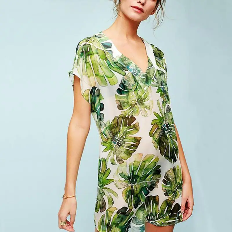 Женское летнее шифоновое ассиметричное купальное платье с глубоким v образным