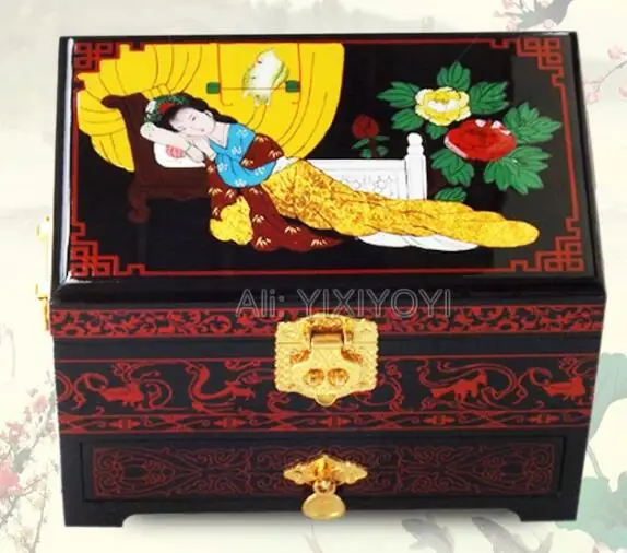 Chinese 3 Layer Wood Storage Dragon Phoenix Jewelry Box with Mirror Wedding Bangle Jewellery Display Box Container Carrying Case