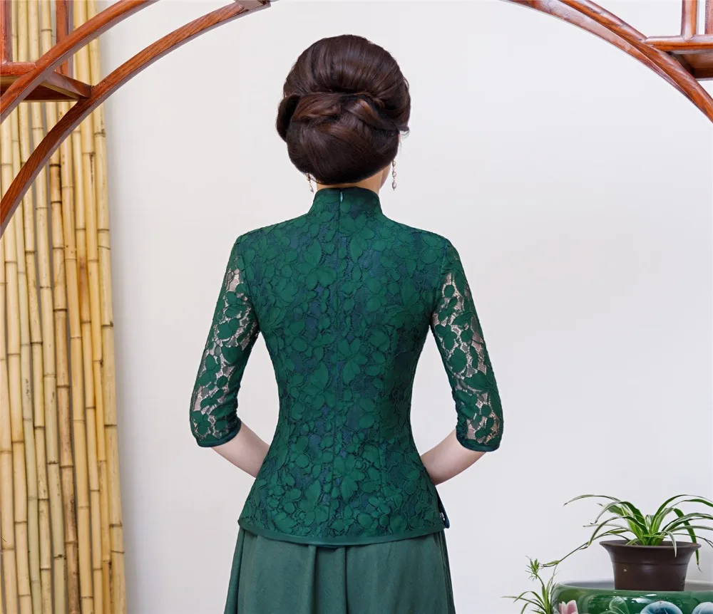 Шанхай история 3/4 рукав китайский традиционный Топ кружево Cheongsam рубашка Qipao Топ кружево китайская блузка для женщин