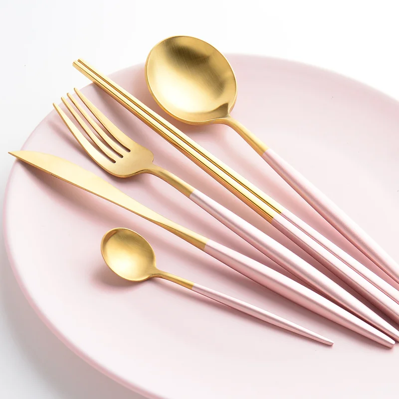 Pink-Gold 30 шт. kubac hommi качество Нержавеющая сталь Ножи вилка вечерние набор посуды золото розовый серебряный набор столовых приборов Прямая - Цвет: Pink-Gold