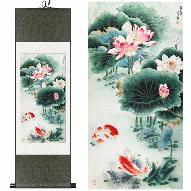 Китайский шелк оригинальный акварельный цветок Лотос красный Карп Рыба Золотая