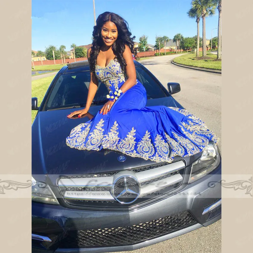Elegant Gold Appliques Royal Blue Long Evening Dresses 2019 Sexy Sweetheart Sweep Train Formal Gown Vestido De Gala Abiye Custom | Свадьбы и