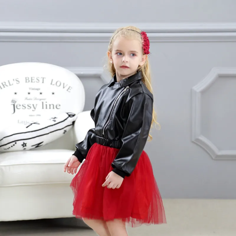 R&ampZ Baby Girls Dress 2018 Autumn Fashion Lapel Zipper Leather Diamond Print Long Sleeve Mesh Tutu for Kids Clothing | Детская одежда