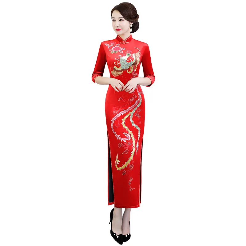 LLJUNDUI золото бархат cheongsam весна новый стиль одежда с длинным рукавом Феникс печати