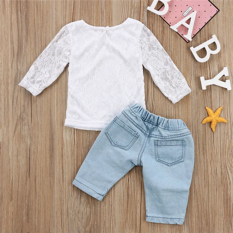 

New Style Newborn Kids Baby Girls Clothes 3D Flower Lace Long Sleeve Tops Denim Pants 2pcs Outfits Girls Clothing Set