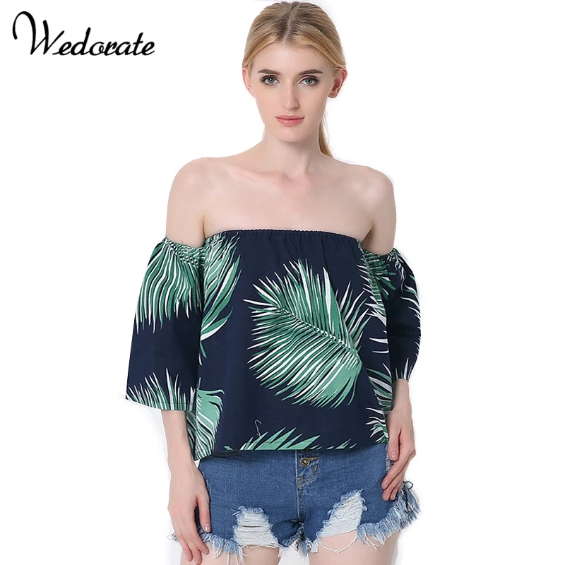 2017 Летняя Мода Цветка Печати Слэш Шеи Сексуальные женские Футболки Три Четверти