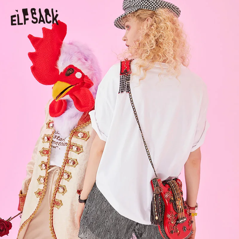 Женский свободный топ ELF SACK красный хлопчатобумажный с бусинами буквенным