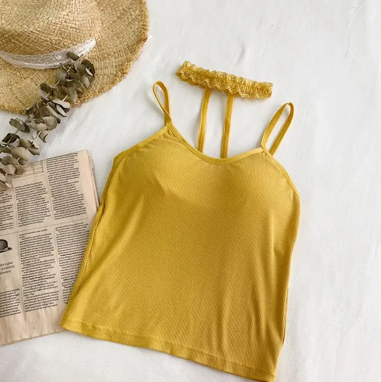 yellow Сексуальное кружевное белье для девочек с лямкой на шее короткие майки топы с отдельными лотами бюстгальтер для женщин, с подкладкой Майки Топы для женщин - Цвет: yellow