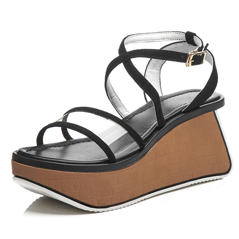 Женские замшевые сандалии FEDONAS черные туфли на танкетке вечерние лето 2019 | Обувь