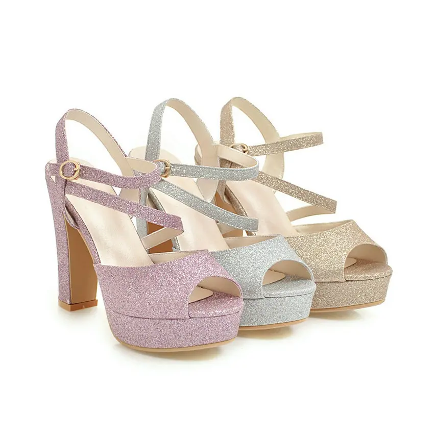 

NIKOVE 2018 Women Sandals Bling Sandals Buckle Strap Peep Toe Platform Sequins PU Square High Heels Ladies Shoes Size 34-43
