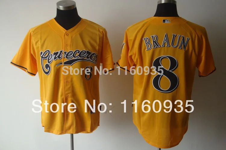 Milwaukee Brewers 8 Ryan Braun Cerveceros Cool Base Gold Baseball Jersey Free Shipping | Спорт и развлечения