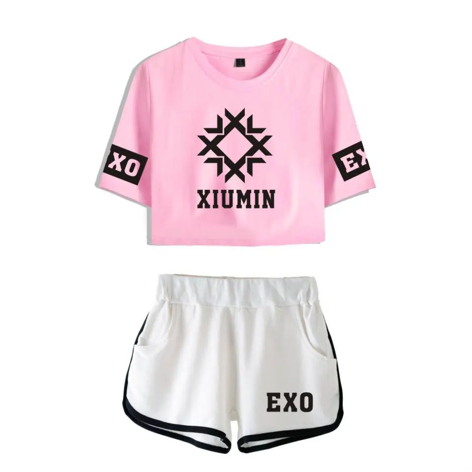 EXO 2018 Cool Casual Two Piece Set Women T shirt Kpop Fashion Print Suit Summer Sexy Cotton Crop Tops + Shorts Pants |