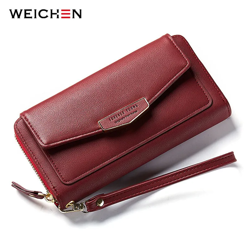 Winered WEICHEN, Большой Вместительный браслет, женские кошельки, кожаный женский клатч, брендовый женский кошелек, для монет и телефона, Карманный держатель для карт - Цвет: Winered