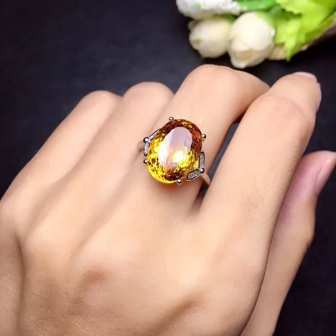 Uloveido 925 пробы Серебряное кольцо с натуральным топазом ярко желтого цвета