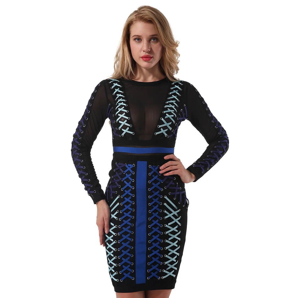 Women Long Sleeve O-Neck Lace Up Bandage Dress Ladies Sexy Bodycon Club Celebrity Evening Party Patchwork Mini Vestidos | Женская одежда