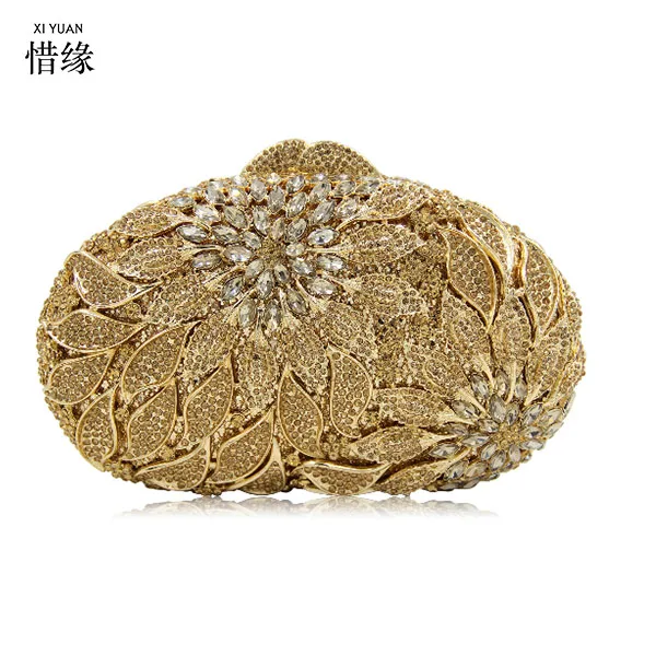 

XIYUAN BRAND Golden Chain Evening Bag Diamond Pochette Purse Crystal Wedding Clutches Party Prom Formal Handbag Luxury Bling Bag