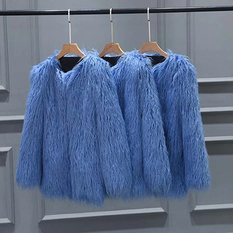 blue fur coat Пушистая женская теплая шуба из искусственного меха куртка размера плюс XXXL овечья шуба женская розовая шуба из искусственного меха зимняя Роскошная верхняя одежда - Цвет: blue fur coat