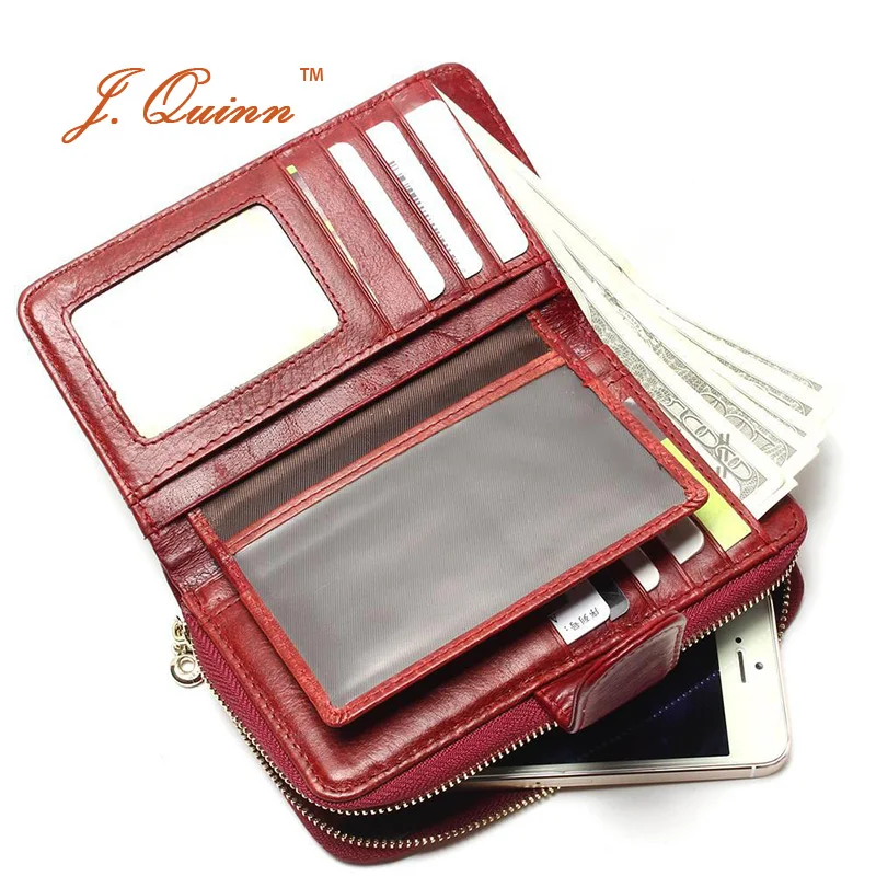 Женский кошелек с молнией J.Quinn Европейский из красной бычьей кожи мягкий