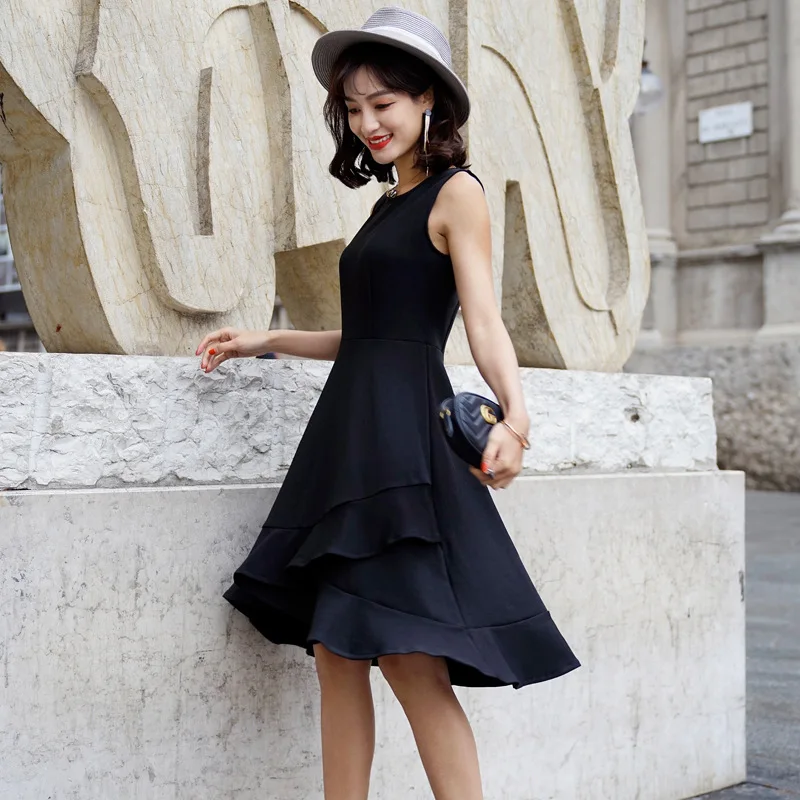 2018 летние женские платья с круглым вырезом без рукавов черными оборками