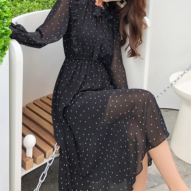 Элегантный горошек свободный рукав с принтом женские длинные платья весна 2019